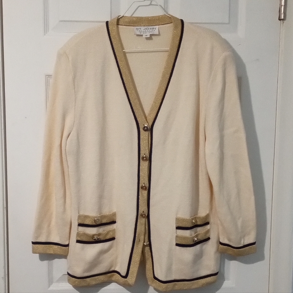 St. John Ivory Cardigan with Metallic and Black Accents